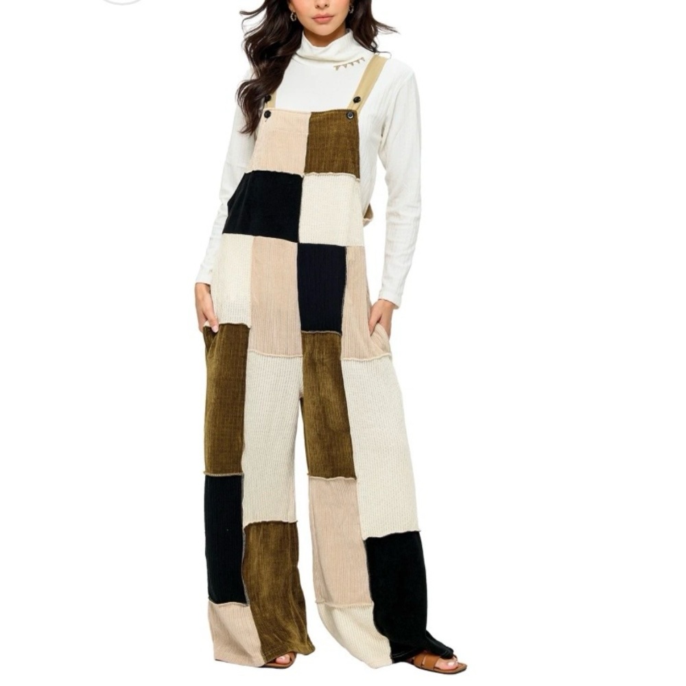 Patchwork Wide Leg Overalls NWT - image 1